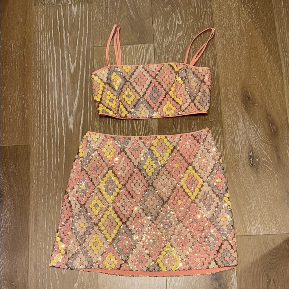 Caroline Constas Pink and Yellow Mini Skirt